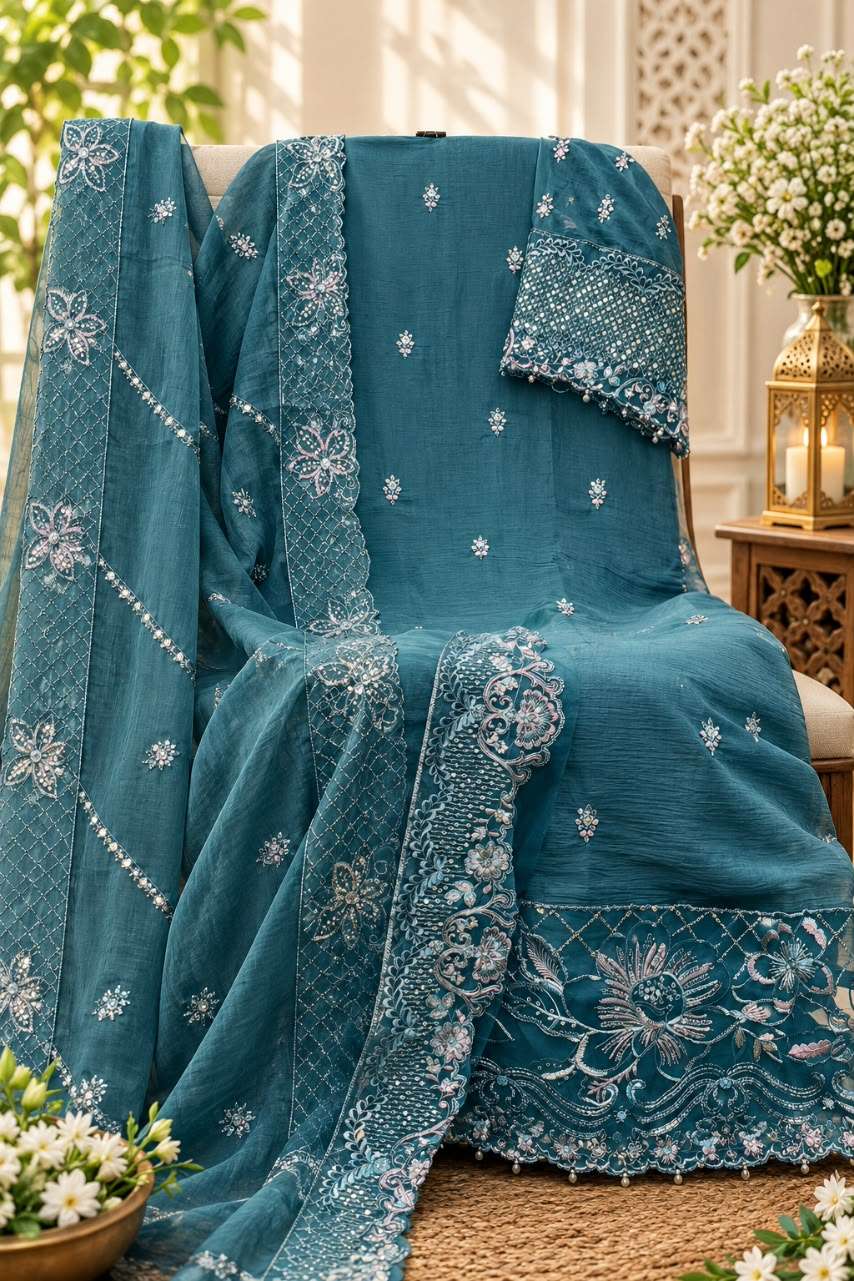 SHREE FABS 5643 COLOR CHIFFON EMBROIDERY KHATLI & CUT WORK SUIT WEDDING OUTFIT ONLINE
